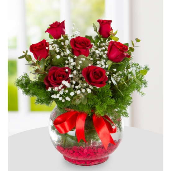 Paşabahçe Akvaryum Vazoda 7 Kırmızı Gül