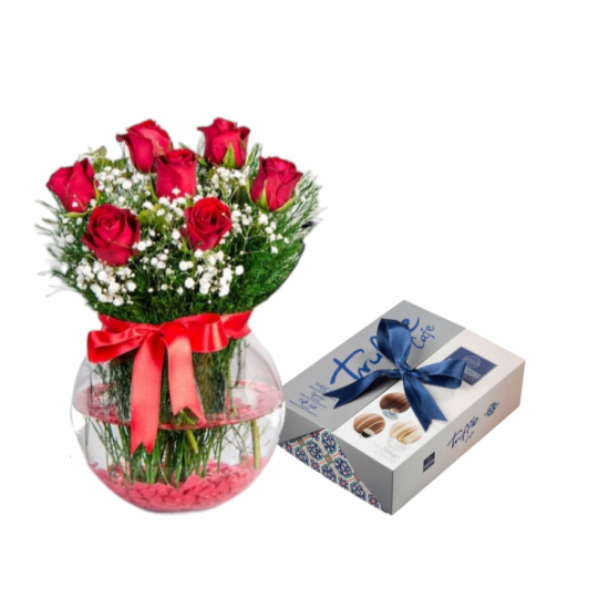 Paşabahçe Akvaryum Vazoda 7 Kırmızı Gül ve Yuvarlak Spesiyal Çikolata